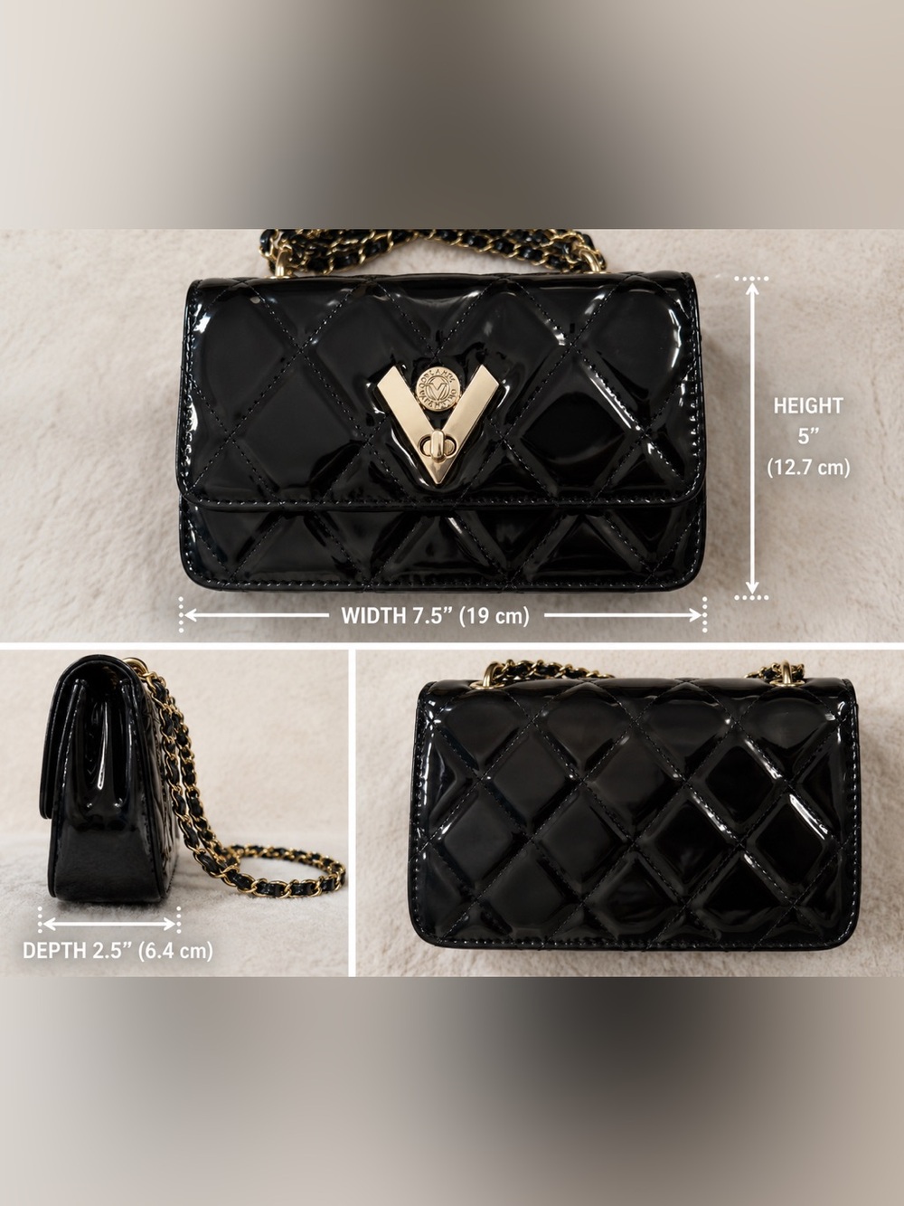 NWT Valentino Orlandi Black Quilted Patent Shoulder Bag with Gold Chain - Picture 2 of 4